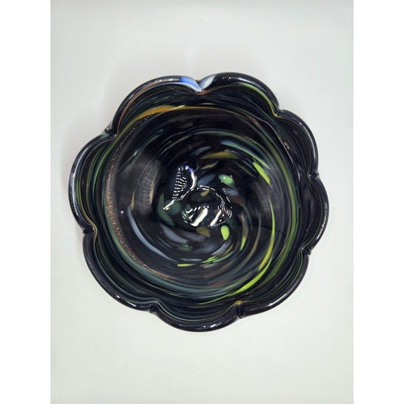 Murano Art Glass Bowl Black Swirl Aventurine Confetti Scalloped Rim 6" - Picture 2 of 8